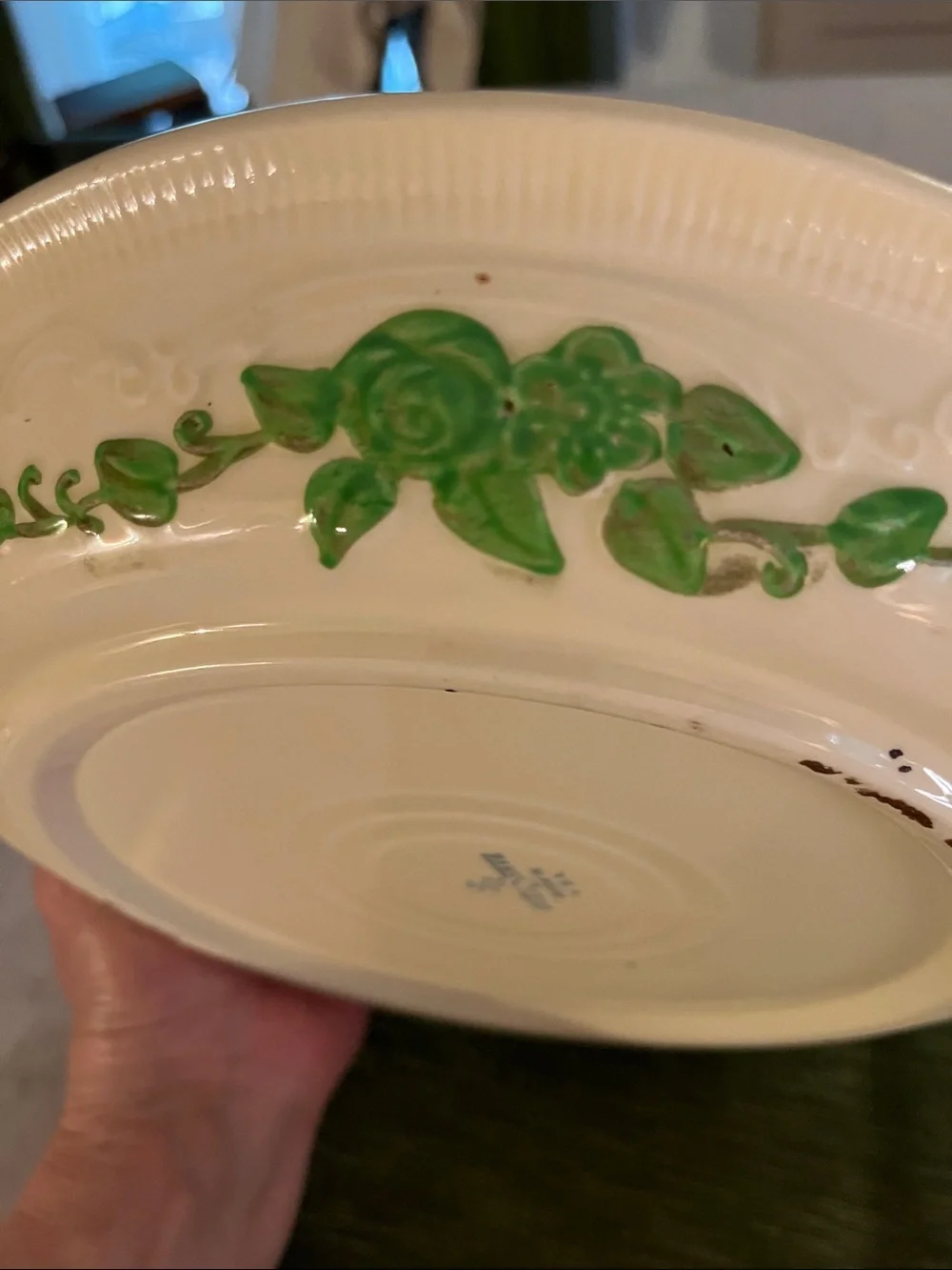 Vintage Homer Laughlin Oven Serve 11” Pie Plate Cream with Green Rose 30’s-40’s